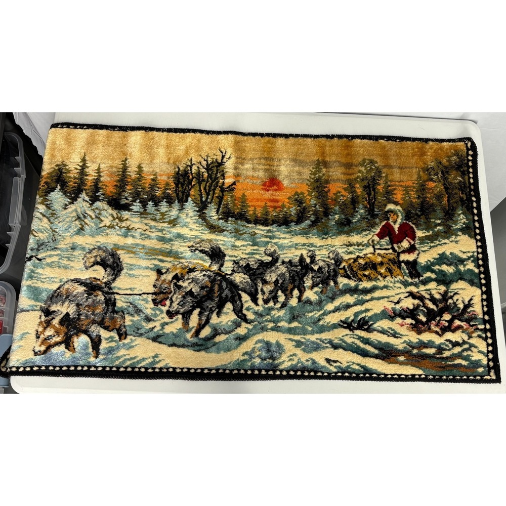 Vintage‎ Rug Italian Woven Plush Velvet Alaskan Husky Tapestry Dogsled Clean